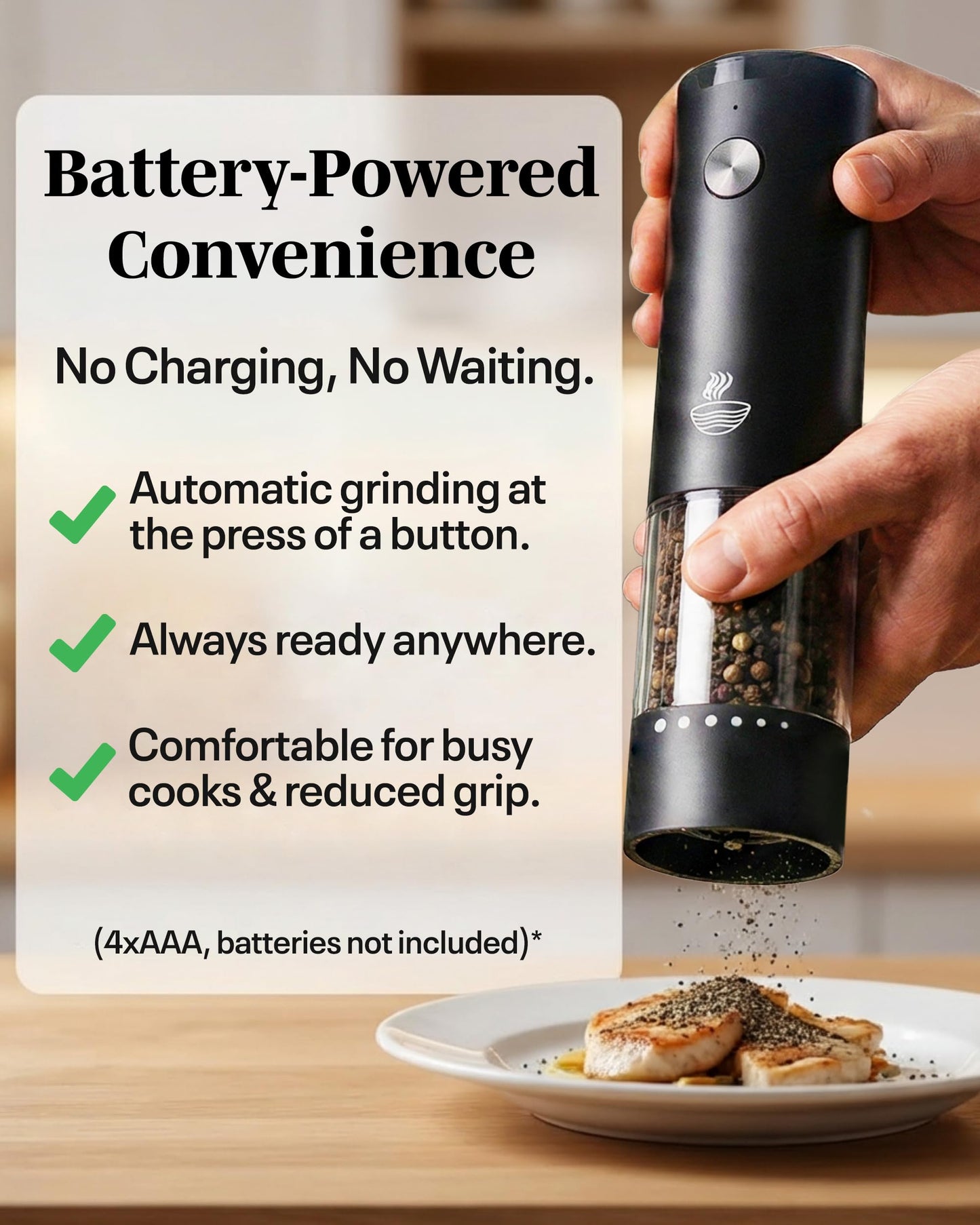 FLAVORAE Electric Salt and Pepper Grinder Set - Black 2 Pack Battery Operated Mills with 95ml Large Capacity, Adjustable Coarseness, Built-in LED Light, Automatic Salt & Pepper Shakers for Kitchen