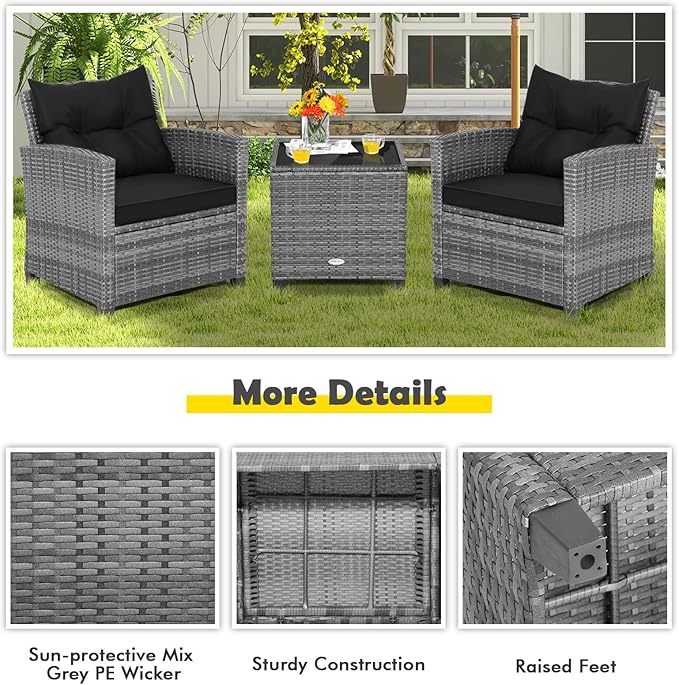 COSTWAY 3PCS Patio Furniture Set, PE Rattan Wicker Sofa w/Washable Cushion and