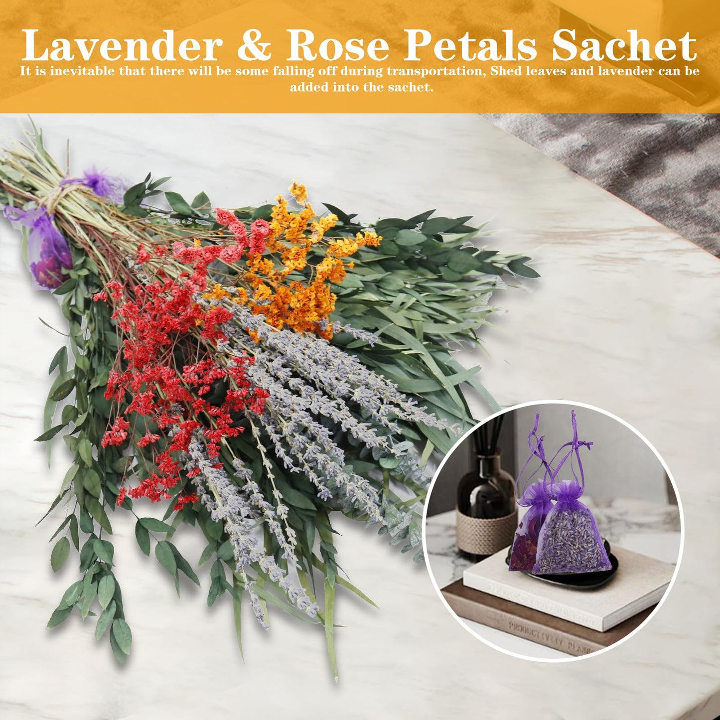 128 Pcs Mixed Real Dried Eucalyptus Stems, 100% Natural Preserved Eucalyptus Leaves with Lavender & Rose Flower Sachet Bundles, Greenery for Hanging Shower, Plant Fragrance, Wedding Decor