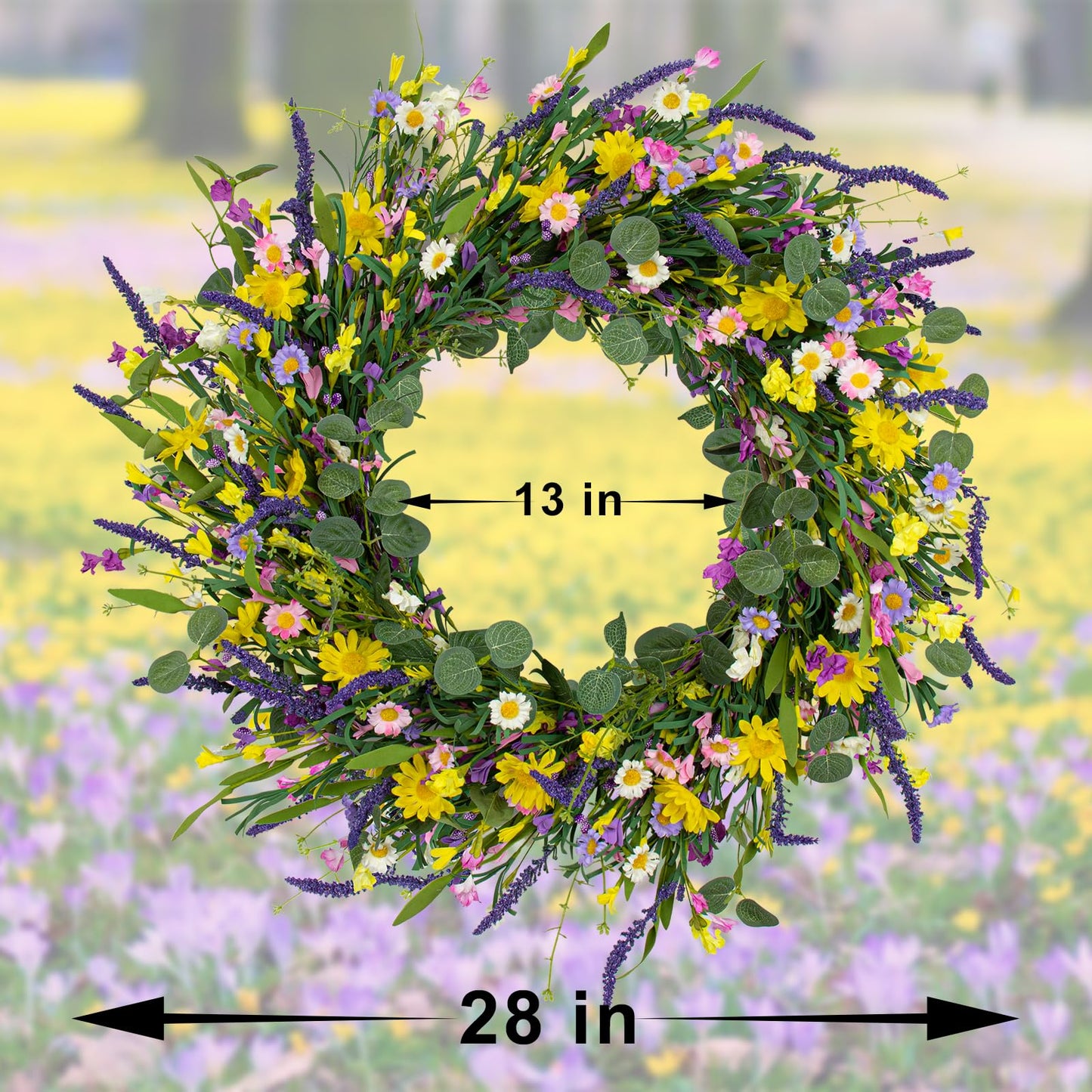 J'FLORU Large Spring Wreaths for Front Door 28 Inch Artificial Spring Wreath Summer Flower Wreath with Daisy and Lavender for Indoor Outdoor Wall Window and Easter Celebration