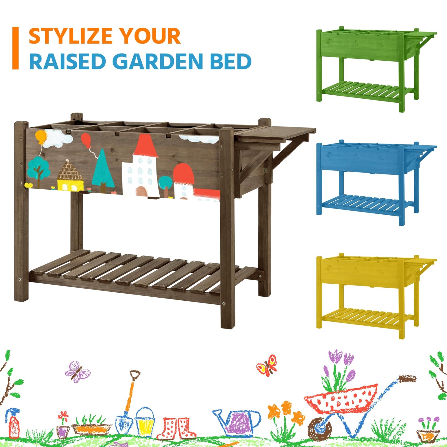 Yaheetech 49x22x32in 8 Pockets Horticulture Raised Garden Bed Elevated Wood Planter Box Stand with Foldable Side Table and Storage Shelf for Herb/Vegetables/Flowers