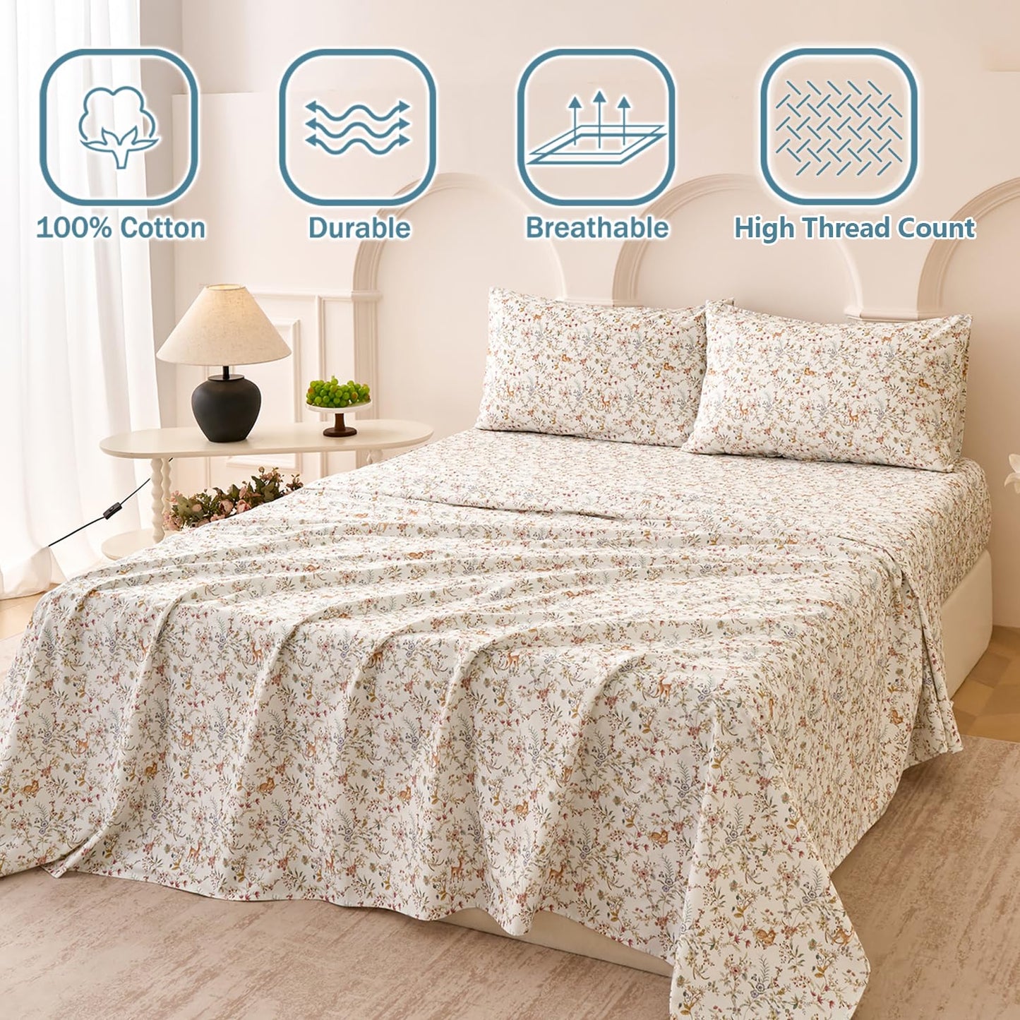 Huborise Orange Queen Sheet Set 400TC 100% Cotton Flannel-Like Warm Luxury Animal & Floral Bed Sheets 4Pc Deep Pocket 17.5", Double Brushed Extra Soft Breathable, Fall/Winter French Country Bedding