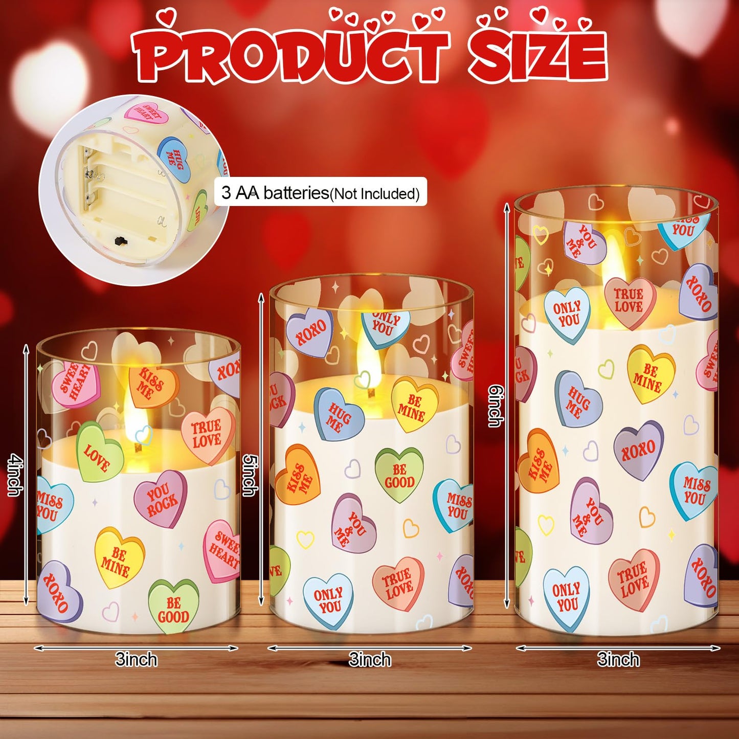 Blosssound 3 Pack Valentine's Day Flameless Candles Battery Operated Conversation Hearts Flameless Flickering Candles LED for Home Romantic Valentine's Collection Gifts Holiday Table Decorations