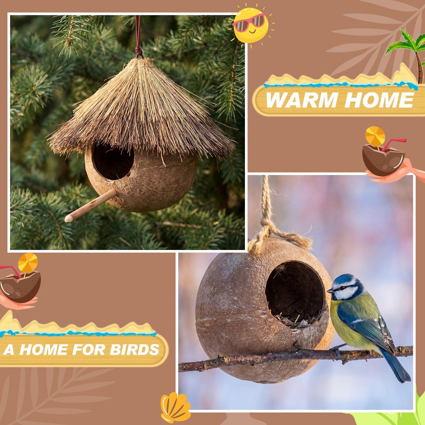 LemonRoad 4 Pcs Natural Coconut Shell Coconut Shell Bowls for DIY Crafts Deep Organic Coconuts Gift for Bird Nest Feeder Desktop Vases Crafts Festive Summer Tropical Luau Party(Without Fiber)