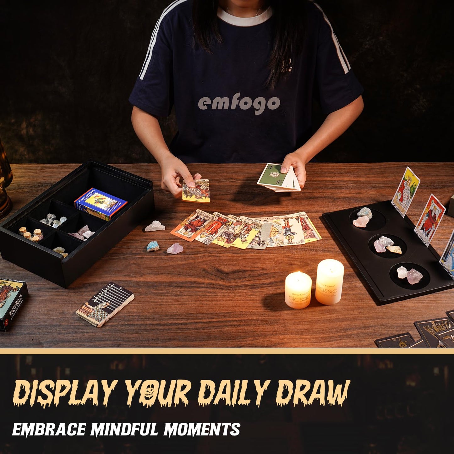 Emfogo Wooden Tarot Card Holder - Slide-Top Lid with 2 Card Slots Holds 8 Cards & Displays Crystals, Multi-Compartment Organizer for Jewelry, Trinket, Keepsake, Witchcraft Supplies (Black)