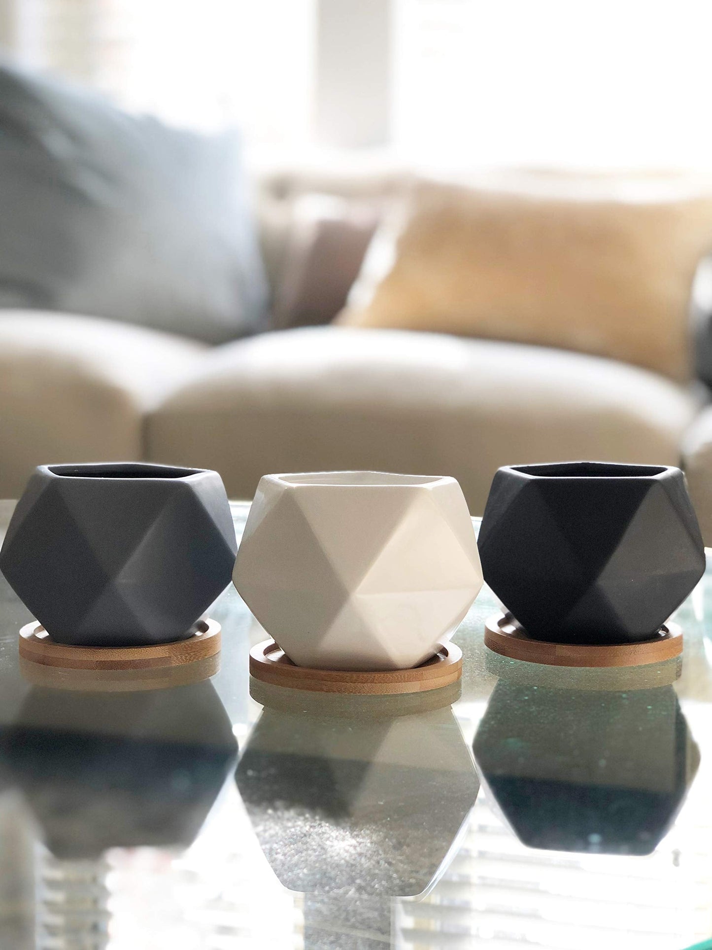 Chez JuJu Modern Geometric Ceramic Succulent Pots 3" Planters with Drainage | Bamboo Tray | 3 Pack