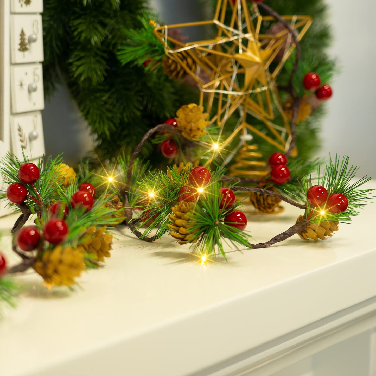 Dazzle Bright 2 Pack Pine Cone Christmas String Lights, Total 13FT 40LED Battery Operated Christmas Garland with Red Berry Pine Cone Fairy String Lights for Indoor Outdoor Xmas Decorations