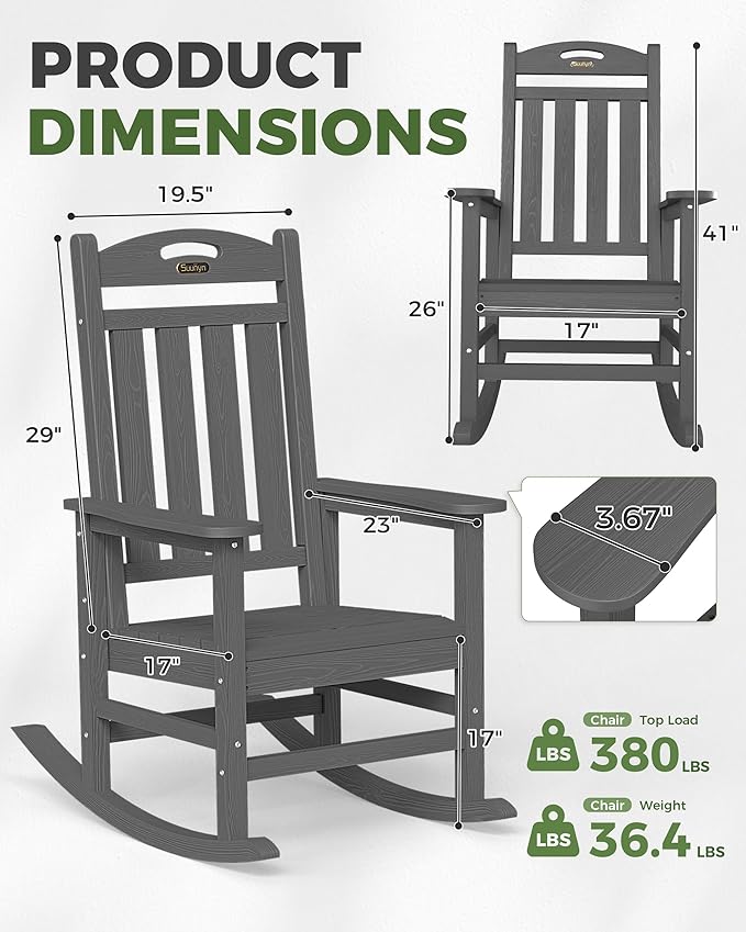 Oversized Outdoor Rocking Chairs Set of 4, High Back Porch Rocker Chair, HDPE All Weather Resistant Rocking Chairs for Patio, 380lbs Weight Capacity, Dark Grey