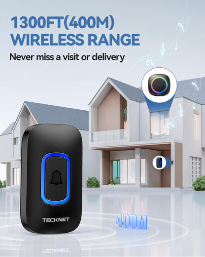 TECKNET Plug-in Wireless Doorbell with RGB Lighting & 1300 Feet Range,IP66 Waterproof Doorbell for Home/Classroom/Office/Business,60 Chimes,5-Level Volume,4.5-Year Battery Life(White)