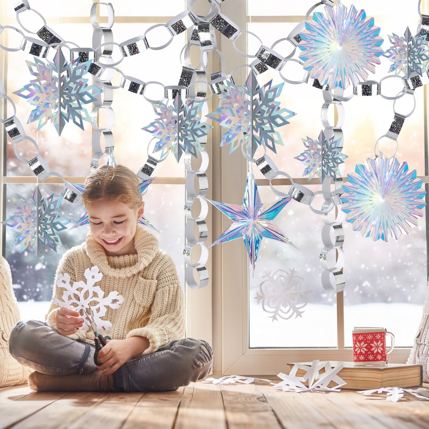 310Pcs Christmas Party Decorations Set Including 3D Iridescent Snowflakes Garland, Paper Chain Strips Craft, Hanging Paper Fans and Hexagonal Star Ornaments for Winter Wonderland Xmas Holiday Decor