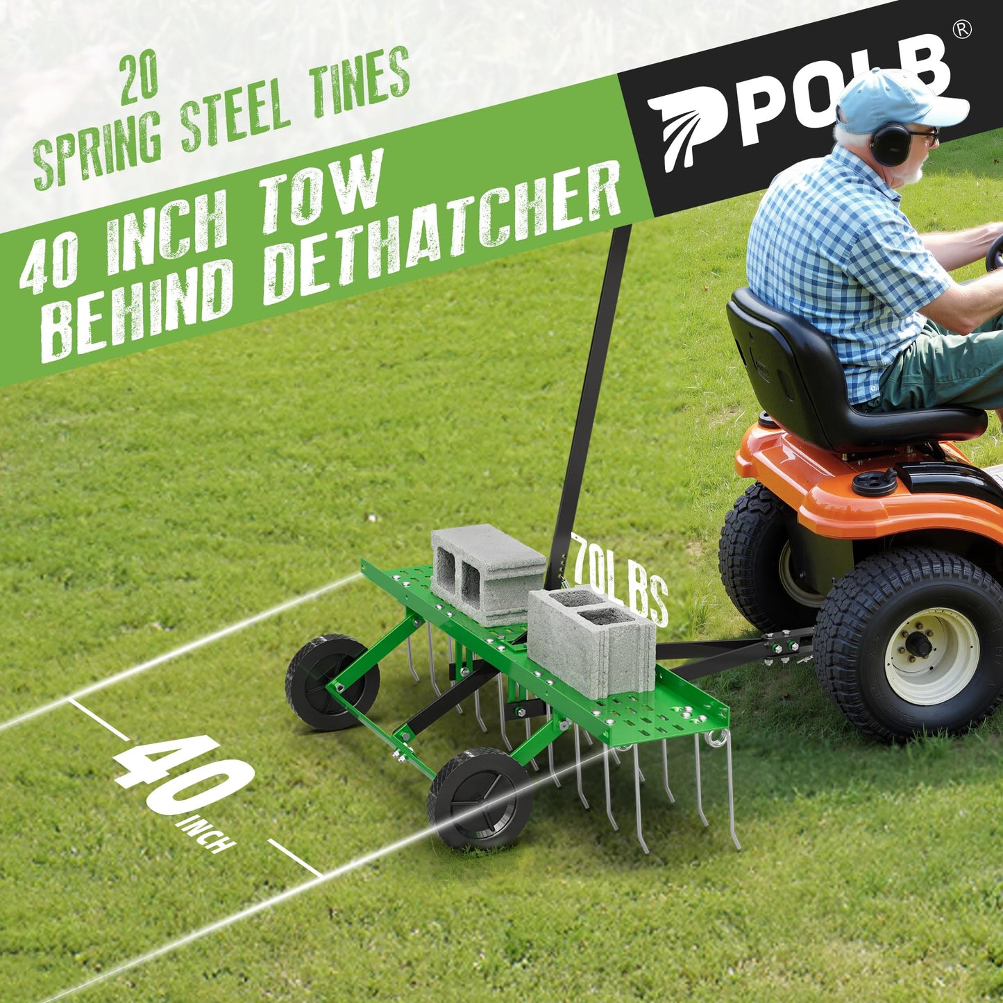 PPOLB 40" Tow-Behind Dethatcher with 20 Spring Steel Tines, Pull Behind Lawn Tractor Mower Grass Rake for Yard, Garden, and Farm Care – Removes Thatch, Leaves, and Pine Needles-Green