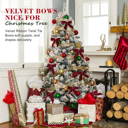 Utehilly 24 Pcs Burgundy Small Velvet Christmas Bows for Christmas Tree, Wreath, Gift Wrapping, Crafts, Wedding, Party, Twist Tie Bows for Treat Bag Bakery Candy Bags, Home Decor 1" W,3.5 x 3.5 inch