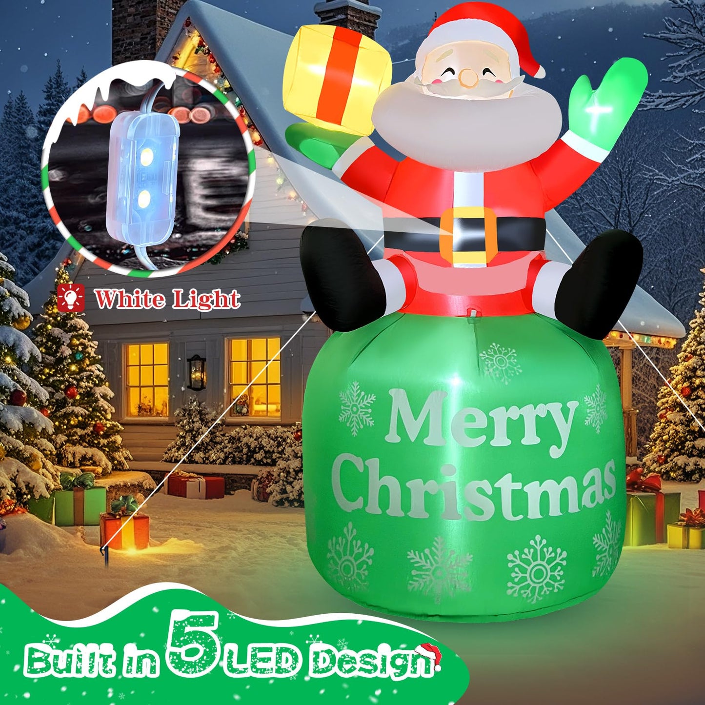 GIGLIM 8FT Christmas Inflatable Santa 8FT Sitting Santa Claus Christmas Inflatables Outdoor Decorations Xmas Santa Blow Up Yard Decor with Built-in 5 LEDs for Yard Garden Lawn(with Storage Bag)