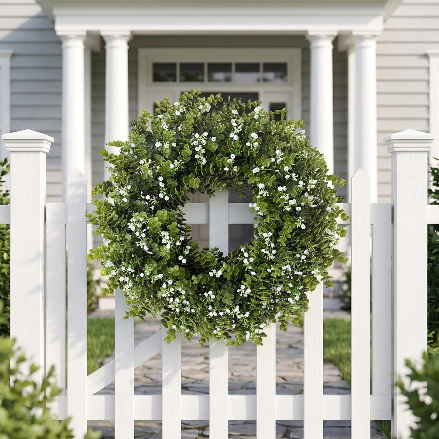 26" Large Eucalyptus Wreaths for Front Door,Spring Summer Fall Autumn Winter Wreaths,Eucalyptus Outdoor Wreath with Babys Breath for Porch, Wall,Home Decor- Spring Summer Fall Winter All Seasons