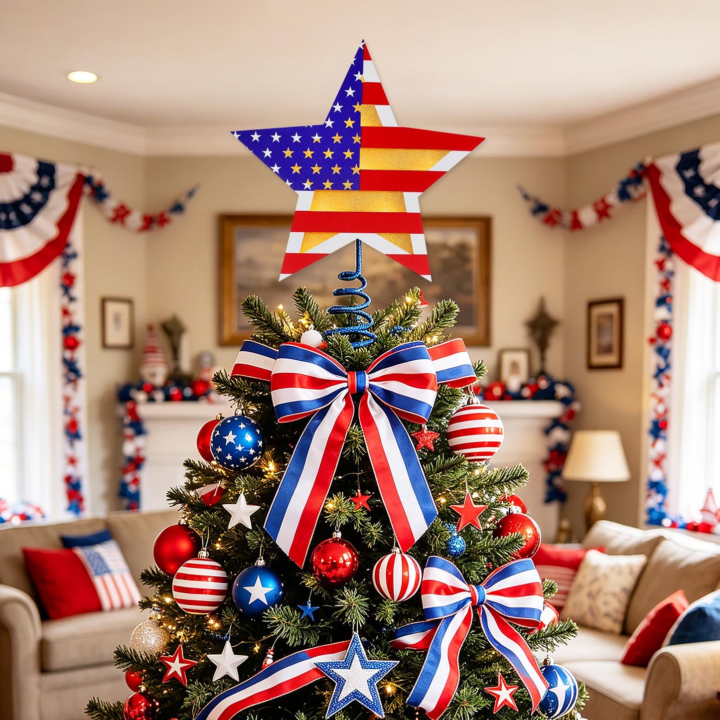 Fangoo 9.8 Inch 4th of July Patriotic Star Tree Topper with LED Lights Memorial Day USA 250th Anniversary Red White and Blue Christmas Tree Toppers for Independence Day Home Office Party Decor