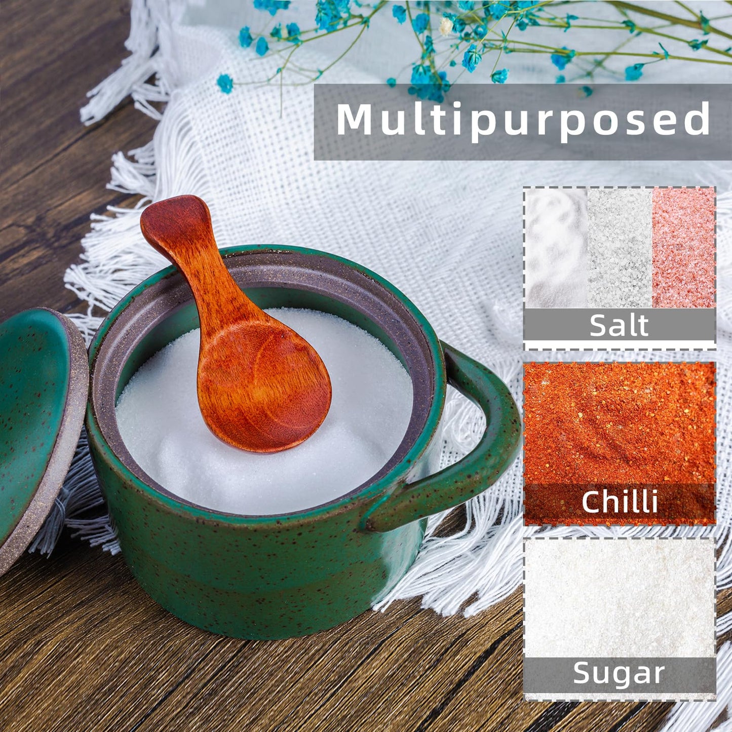 Sanbege Speckled Ceramic Salt Cellar with Lid and Wooden Spoon, Rustic Spice Jar, Farmhouse Sugar Bowl for Sea Salt, Sugar, Spice and Kitchen Decor (Green)