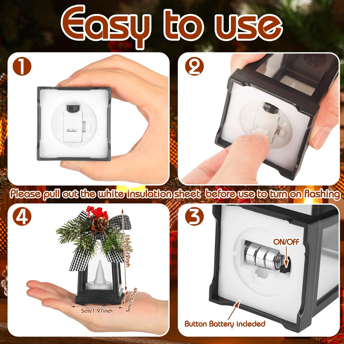 Set of 6 Christmas Mini Decorative Lanterns with Flickering LED Flameless Candle Hanging Lantern Decoration Bulk with Buffalo Plaid Bow Battery Included for Xmas Party (Black and White Bow)