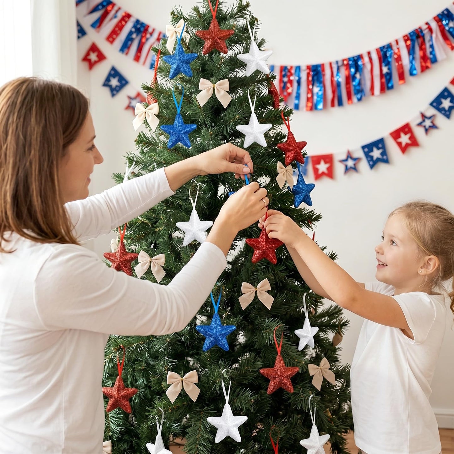 Patriotic Star Tree Ornaments 4th of July Star Hanging Decorations 24 Pcs Red Blue White Stars Tree Ornament Memorial Day Independence Day Hanging Stars for Patrictic Veteran Day Home Decor