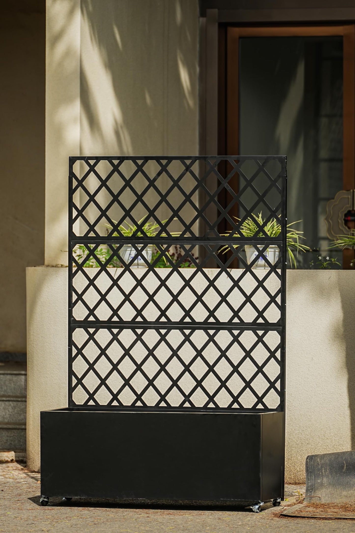 71x35x16 Inch Large Steel Raised Garden Bed, Mobile Planter Box with Trellis and Privacy Screen, Lockable Casters & Drainage Holes, Outdoor Vegetable Garden for Vines Flowers Patio Deck Balcony