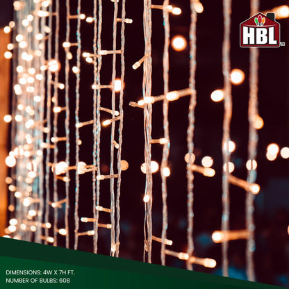 Belle Luci 608-Bulb Warm White Connectable LED Curtain Lights Outdoor Porch Decor 4'X7'