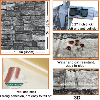 20PCS 3D Wall Panels Peel and Stick 3D Brick Wallpaper Peel and Stick Faux Stone Wall Panel Foam Brick Self-Adhesive Wallpaper (Black 20pcs)
