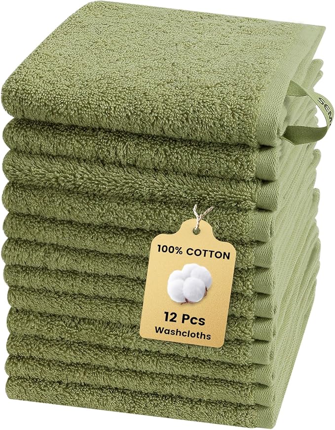SEMAXE 100% Cotton Washcloths 12-Pack, 13 × 13 Inch Soft Luxury Face Towels –