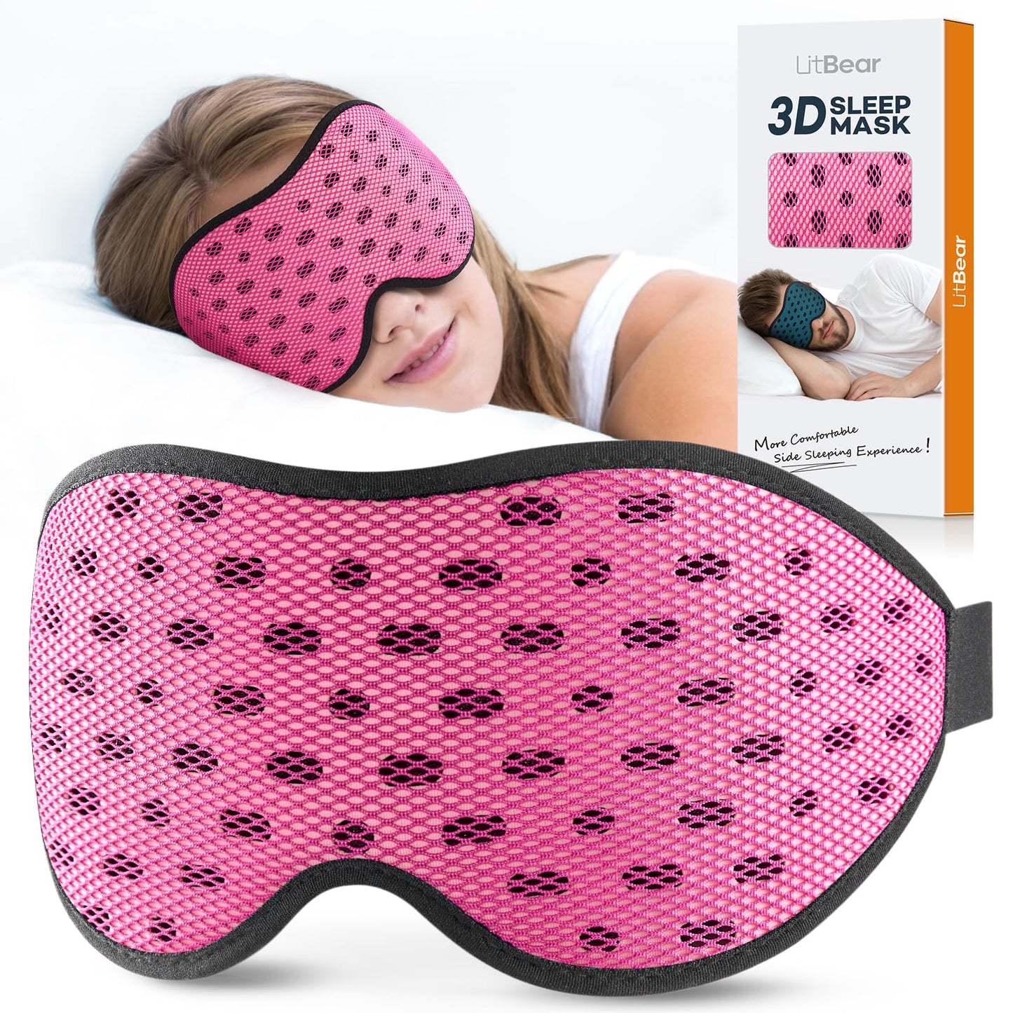 LitBear Breathable Sleep Mask, 3D Eye Mak Sleep for Side Sleepers Women Men, Light Blocking Sleeping Mask with Adjustable Strap, Soft Lightweight Eye Cover for Travel, Night Work, Nap, Office - Blue