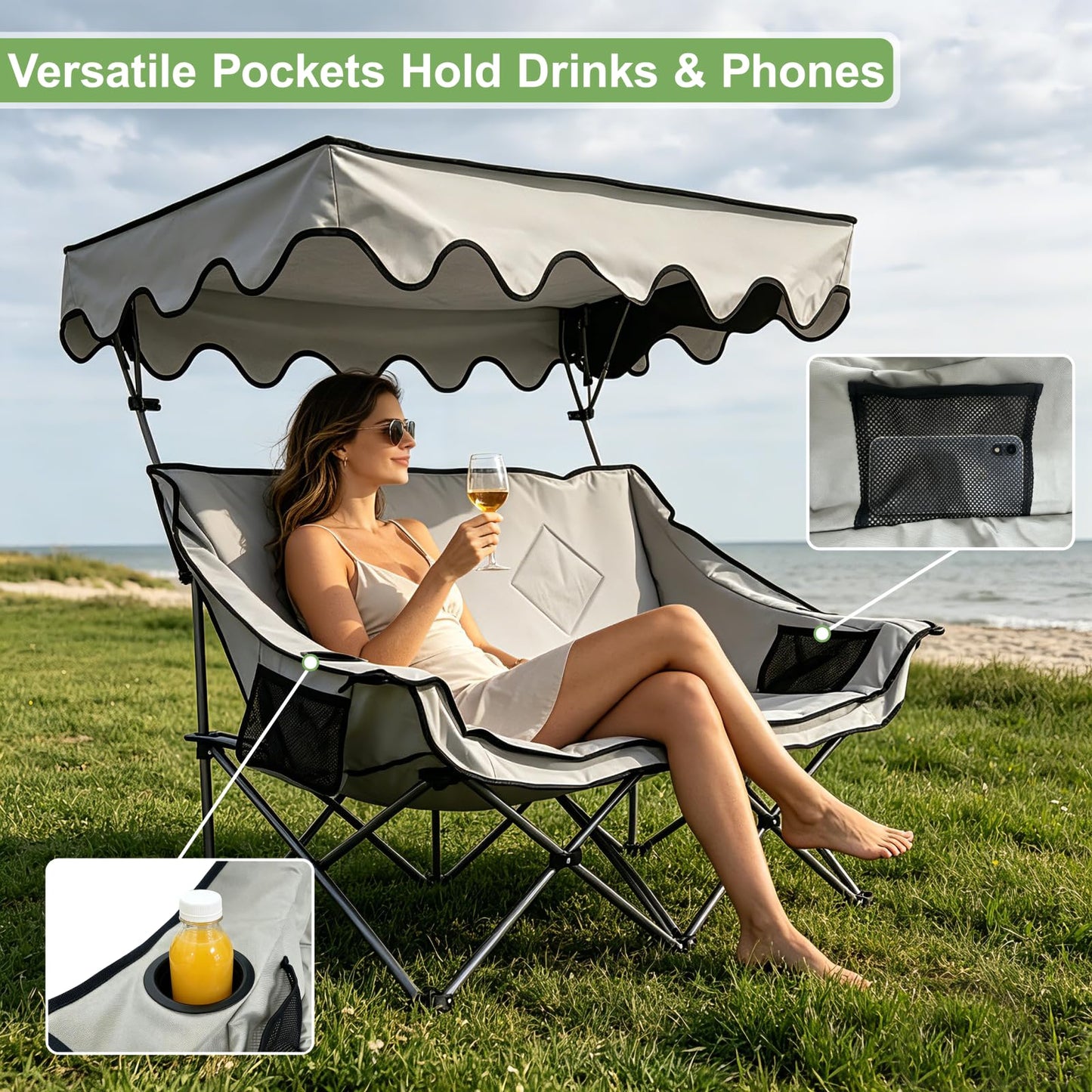 Double Camping Chair with Canopy Shade, Portable Beach Chair with 2 Cup Holders and Bags, Folding Heavy Duty Oversized Double Chairs with Side and Back Pockets, Outdoor Loveseat Chairs for Patio, Lawn