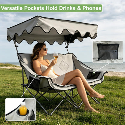 Double Camping Chair with Canopy Shade, Portable Beach Chair with 2 Cup Holders and Bags, Folding Heavy Duty Oversized Double Chairs with Side and Back Pockets, Outdoor Loveseat Chairs for Patio, Lawn