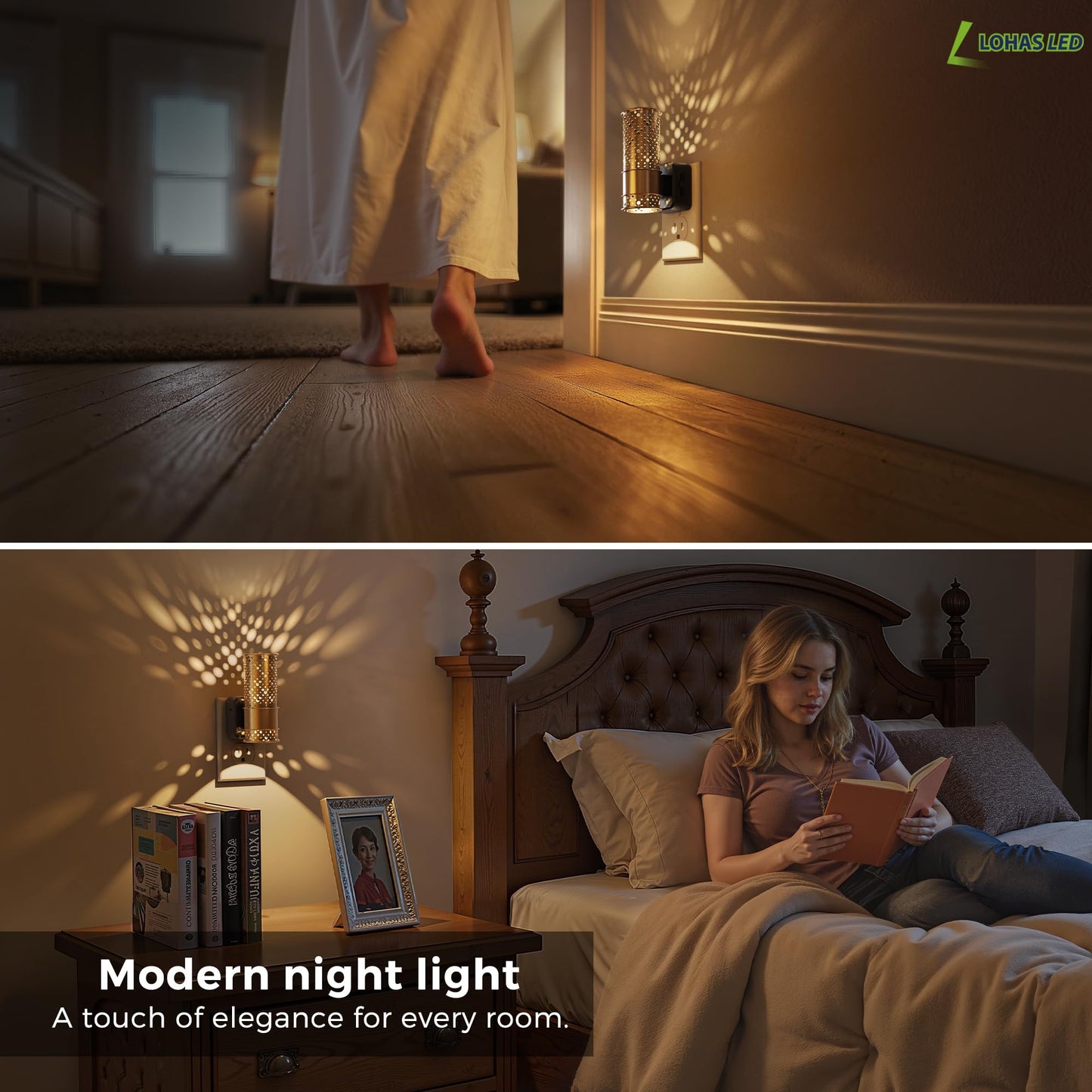 L LOHAS LED Night Lights Plug Into Wall, 2 Pack Plug in Night Light LED with Dusk to Dawn Sensor, 0-100LM Dimmable Nightlight, Wall Sconce-Style Design Nightlights for Bathroom, Hallway,Stairway,Gift