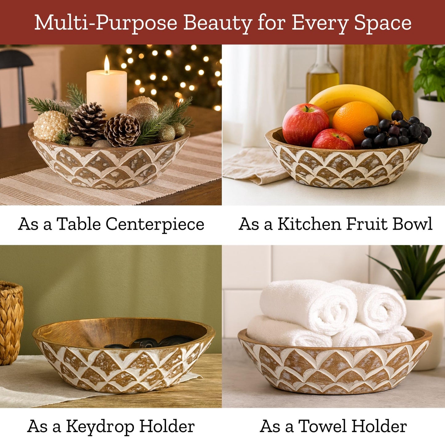 Mie Creations 10'' Decorative Wooden Bowl, Wood Serving Bowl for Fruits, Salad, Desserts, Snacks, Popcorn, Kitchen Counter | Rustic Table Centerpiece Thanksgiving Christmas Decor- 10x3 inch Whitewash