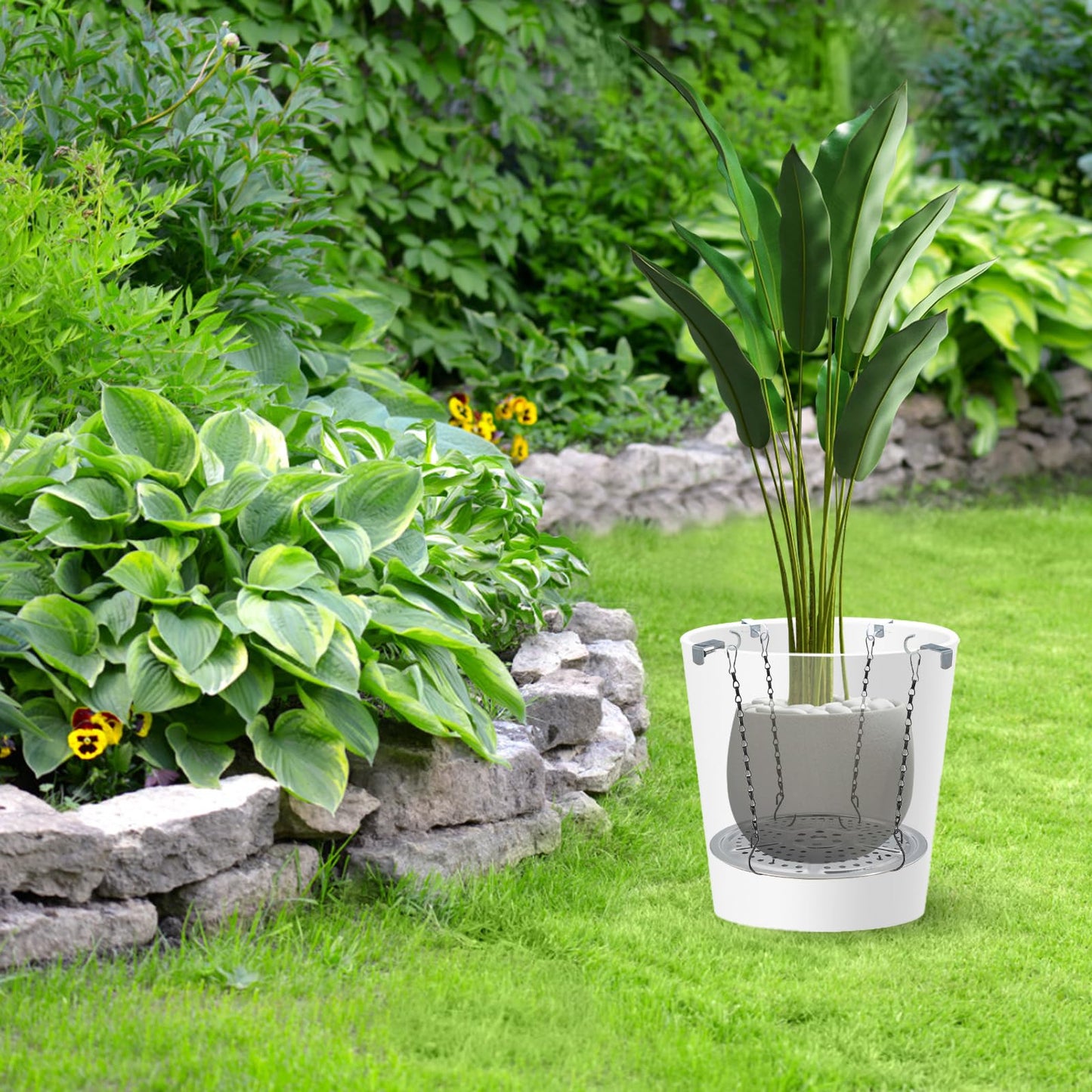 HaoGludi 2 Pack Adjustable Height Planter Inserts for Large Pots, 9" Stainless Steel Plant Pot Insert with Chains, Soil-Saving Planter Filler Support for Tall & Short Pots, Use Less Potting Soil