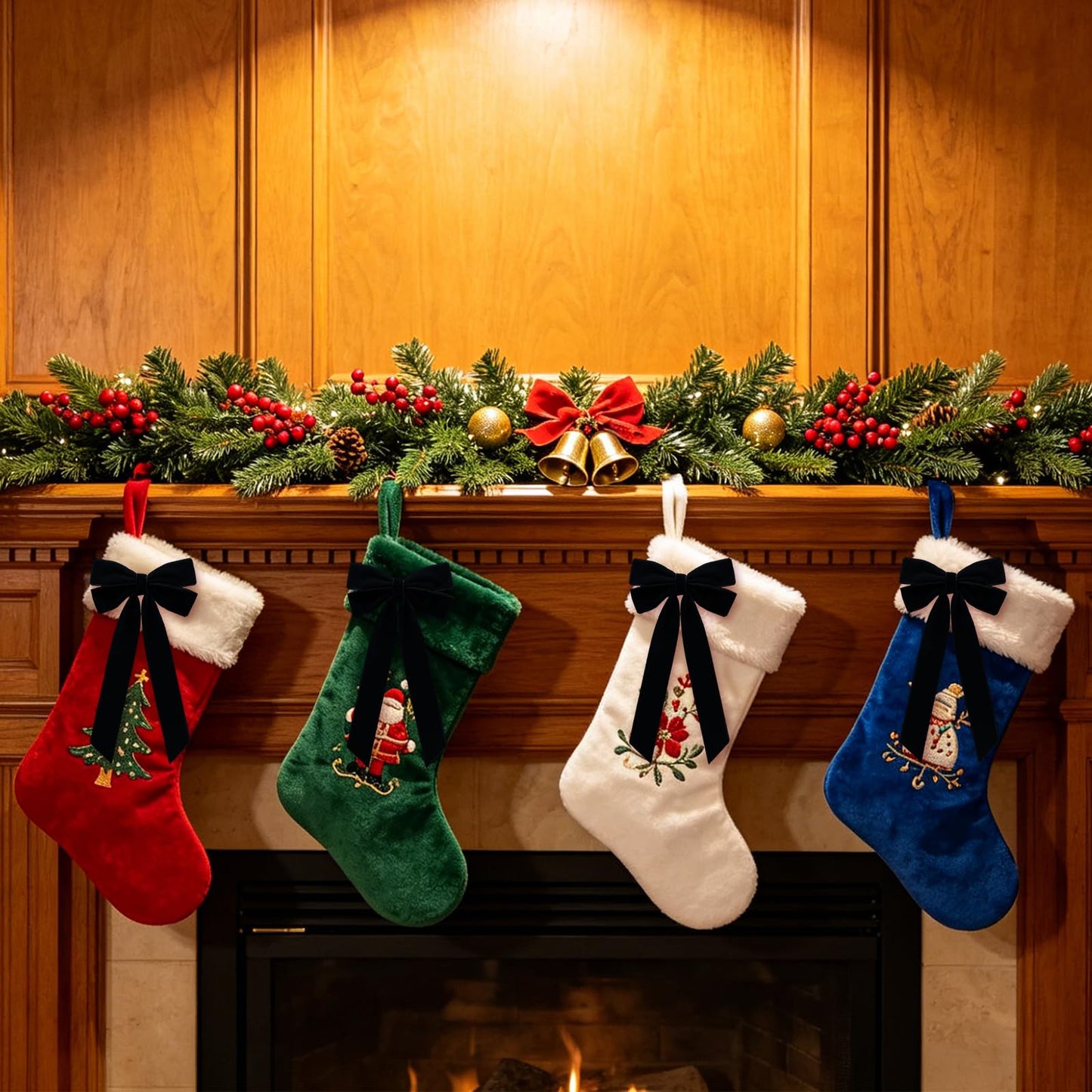 Aoyom 25Pcs Black Velvet Bows for Christmas Tree, 4 x 8 inch Xmas Ornaments with Pre-Made Twist Ties & Self-Adhesive, for Tree Cabinet Front Door Wreath Holiday Home Decor