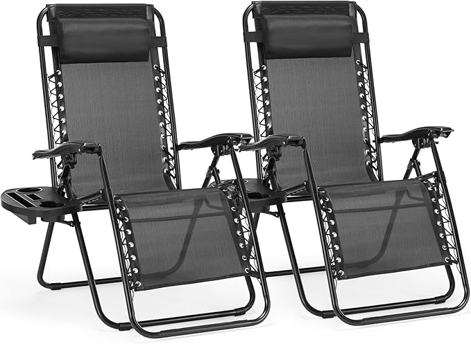 NEWBULIG Zero Gravity Chair Set of 2, Lounge Chair Folding Portable Adjustable Camping Reclining Chairs with Adjustable Pollow, Mesh Back, Cup Holder Trays Lawn Patio Chair for Pool Beach - Black