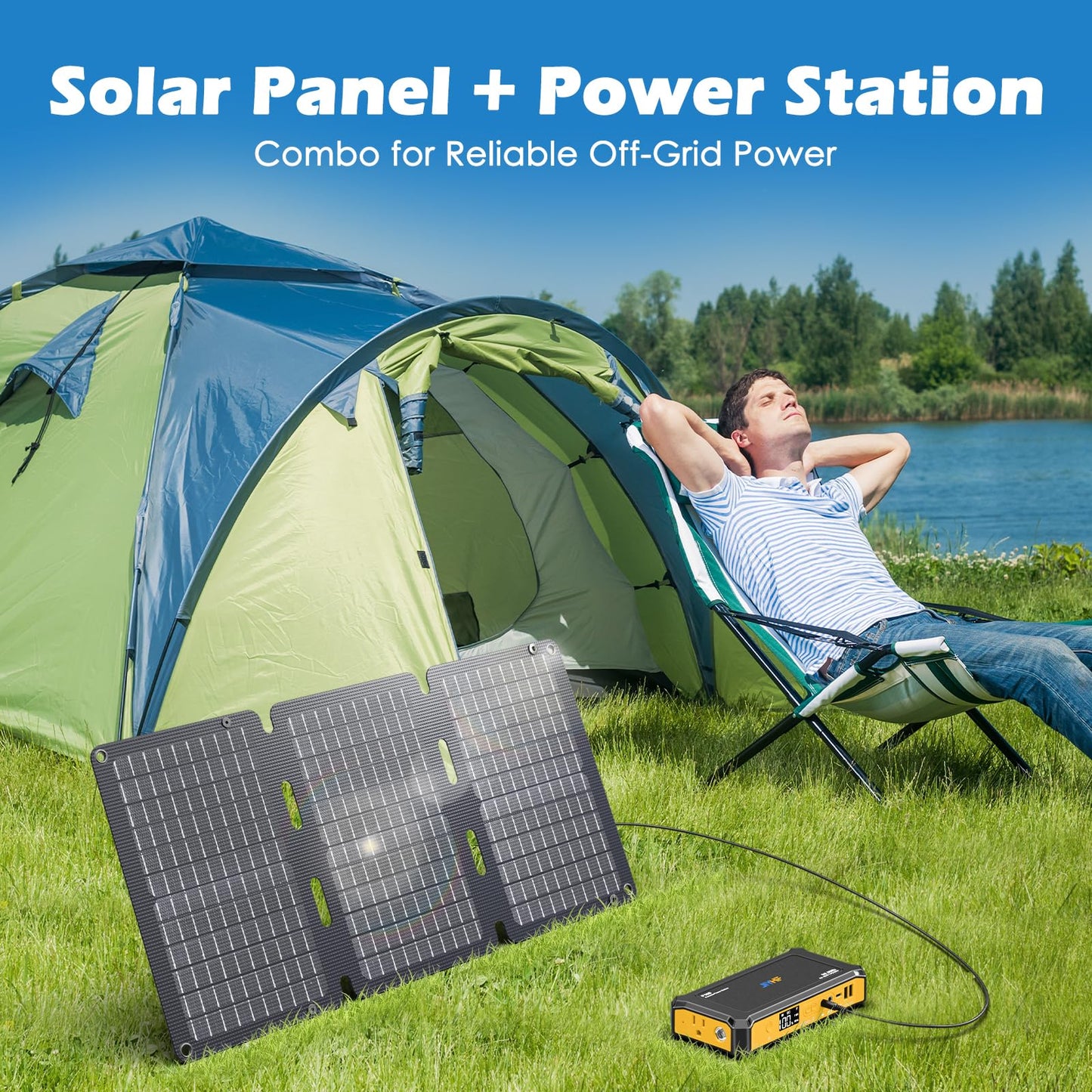 JIYHF Portable Power Station 99.9Wh with Foldable Solar Panel 30W, Laptop Charger & Backup Power with 65W USB-C PD, 100W AC Outlet, 12V DC Output, LED Light for Camping, Home Backup, Emergency, RV