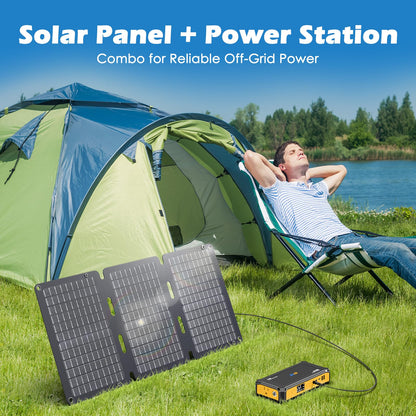 JIYHF Portable Power Station 99.9Wh with Foldable Solar Panel 30W, Laptop Charger & Backup Power with 65W USB-C PD, 100W AC Outlet, 12V DC Output, LED Light for Camping, Home Backup, Emergency, RV
