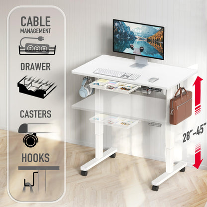 SHW 40-Inch Mobile Electric Height Adjustable Sit to Stand Desk with Drawer, Hanging Hooks and Cable Management, White