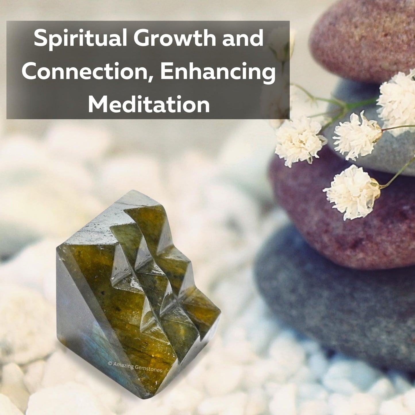 Amazing Gemstone Labradorite Crystal Pyramid with 9 Pyramid Plate Bottom - 1" Mini Pyramid Figurine of Natural Stone Pyramid for Meditation, Reiki, Chakra Balancing Vastu Pooja and Crystal Grids