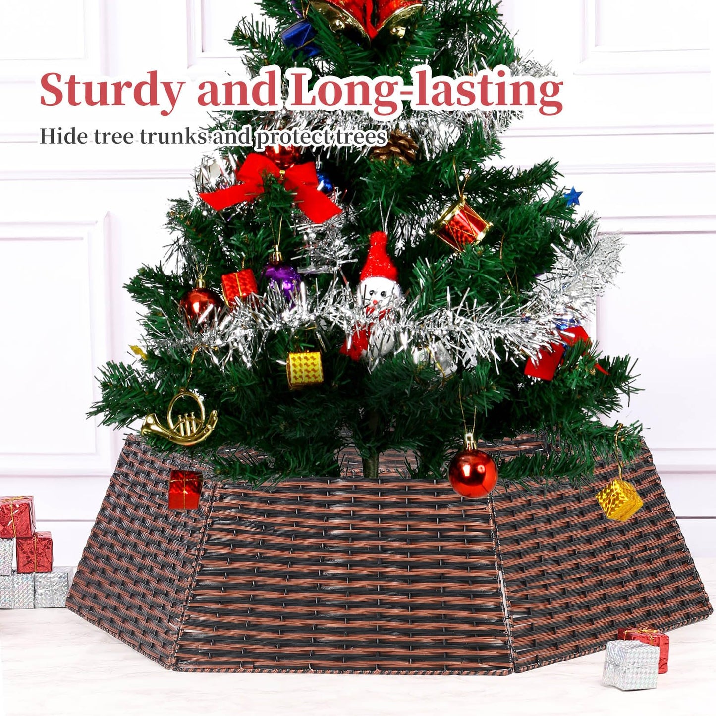 Vencer 34.2''Christmas Tree Collar,Plastic Rattan Xmas Tree Skirt,Rustic Decorations,Tree Skirt Base for Christmas Tree Decorations,Red&Black,CTS-RB008