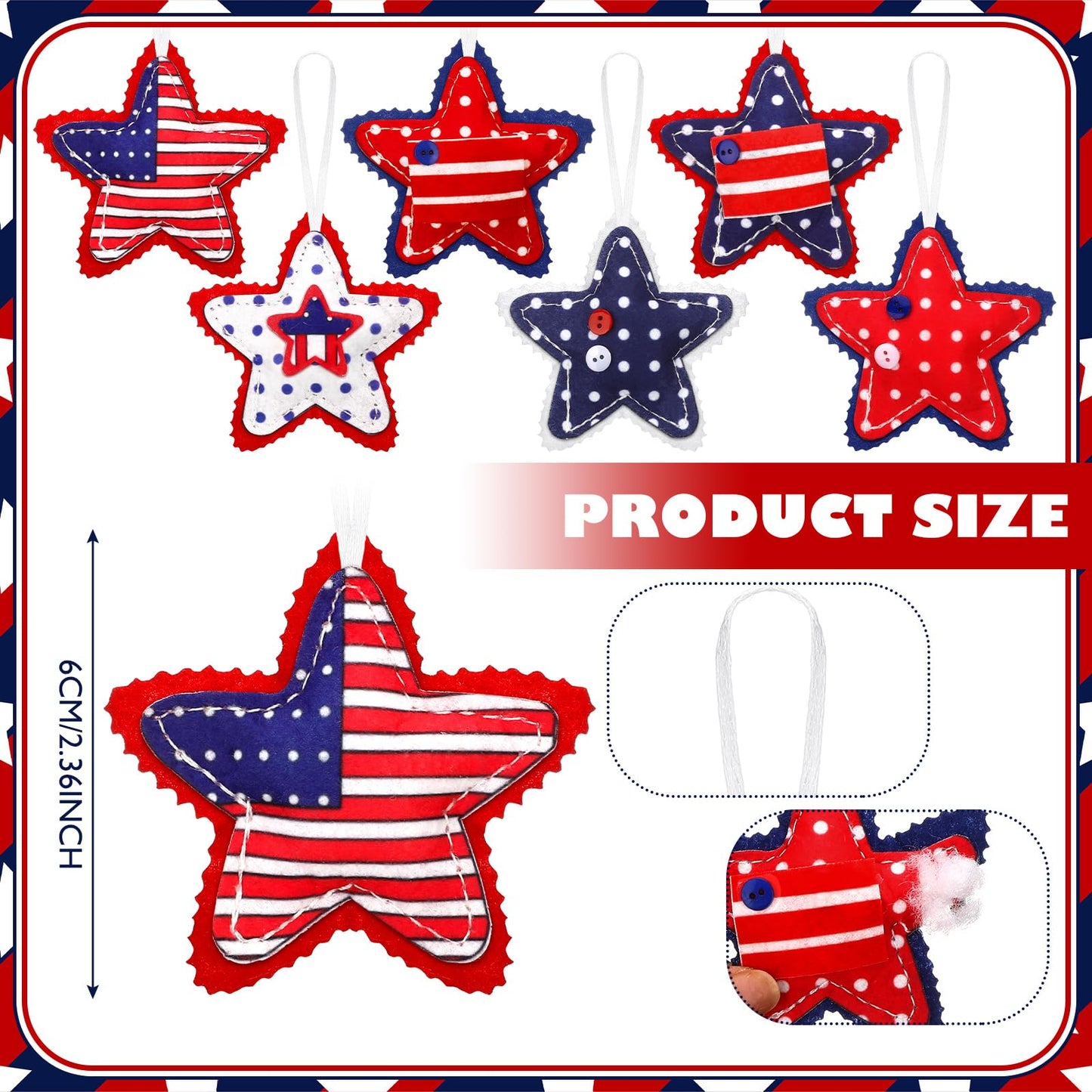 Geelin 18 Pcs Patriotic 4th of July Ornaments Patriotic Red Blue White Decoration for Tree Felt Star 250th Anniversary USA American Flag Tree Decorations 2.36 Inch Hanging Stars for Party Decor