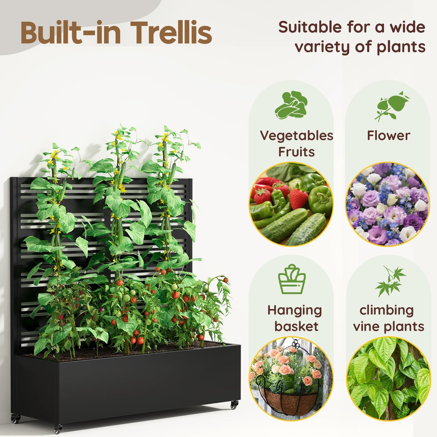 Metal Raised Garden Bed Trellis Large Outdoor Planter Box for Patio,Balcony Privacy Planters for Patio 48.4" x 47"x 15.7 Wheels Drainage Holes,for Climbing Vegetables,Flowers,Vines（Black）