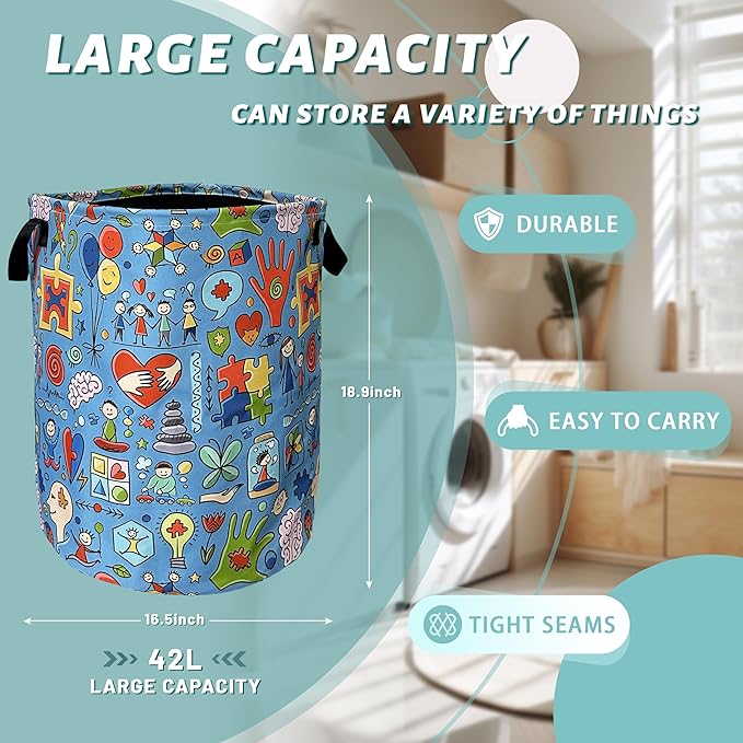 Autism Awareness Doodles Laundry Basket Foldable