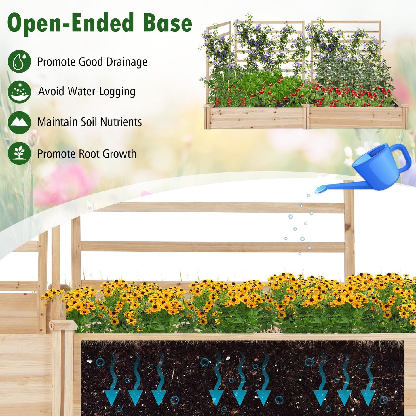 S AFSTAR Raised Garden Bed with 3 Trellis & 2 Planter Boxes, Outdoor Wooden 88" L x 45" W x 43" H Planter Box Kit for Flower Herb Vegetable Fruit Climbing Vines, Gardening Planter for Garden Patio