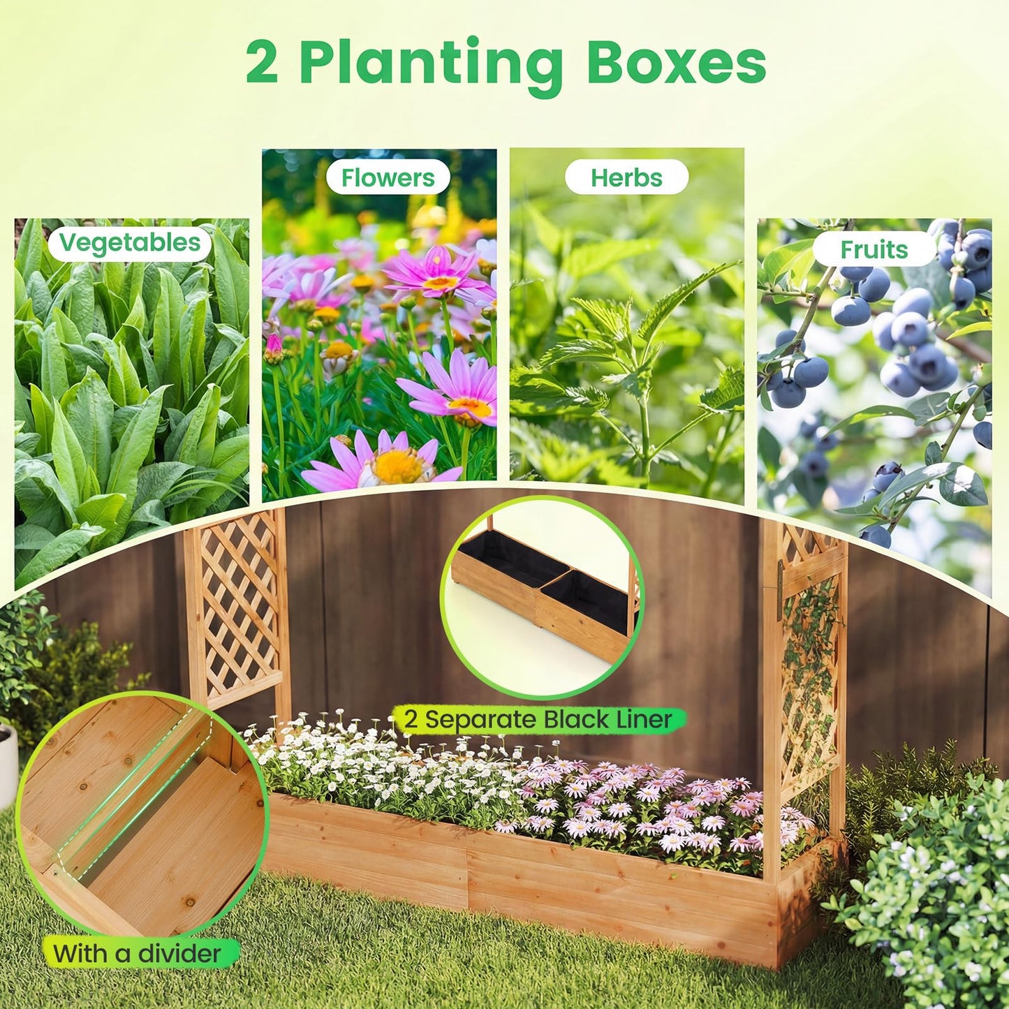 Giantex Raised Garden Bed with Trellis & Hanging Roof, Wood Planter Box with Bottom and Drainage Holes, Freestanding Garden Planter for Flower Vegetable Fruit Herb Climbing Vines, 77"x17"x70"