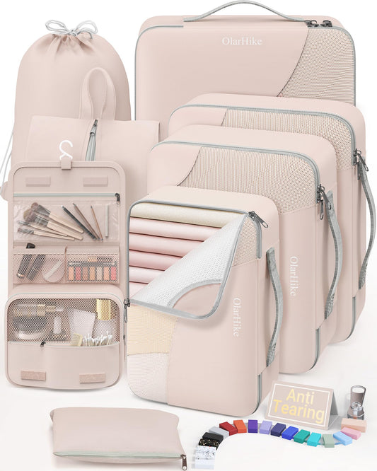 10 Set/8 Set Packing Cubes for Travel, Gifts for Women Mom,Anti-Tearing Suitcase Organizer for Luggage with Shoe & Hanging Toiletry Bag,OlarHike Vacation Essentials & Accessories for Cruise Ship,Cream