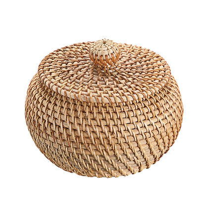Hipiwe Round Rattan Basket Boxes With Lid Hand-Woven Wicker Storage Baskets Bin Decorative Basket Box Multi-Purpose Picnic Food Bread Basket Small Keys Basket Bowl for Entryway (X-Small,4.7"x3.3")