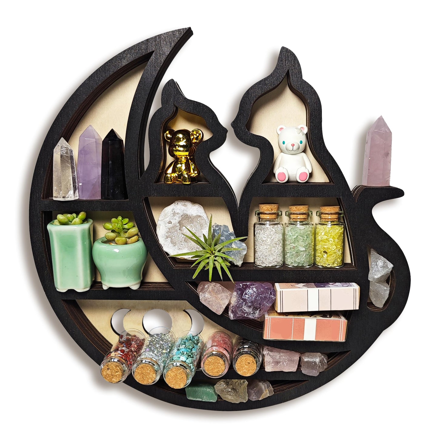 FNYDOX Crystal Display Shelf for Wall, Cats on the Moon Shelf, Crescent Moon Phase Cute Home Decor Wooden Rock Display Shelf Crystal Holder Stone Storage Aesthetic Hanging Floating Organizer