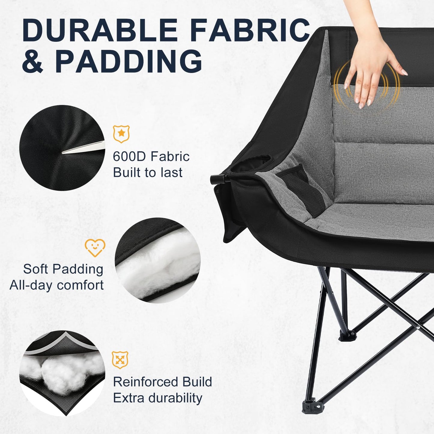 RVIEIS Double Camping Chair 2 Person Loveseat Oversized Padded Camping Couch Heavy Duty Portable Folding XL Camp Chair with Cup Holder Side Pocket for Outdoor Lawn Beach Sport Support 800LBS, Grey