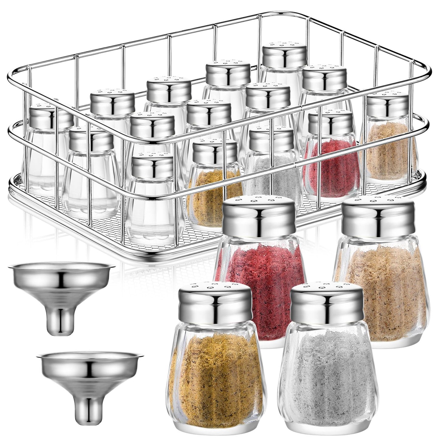 Baderke 20 Pcs 0.5 oz Cube Shape Mini Salt and Pepper Shakers Small Glass Seasoning Jars with Rack and Funnels Tiny Spice Shakers for Wedding Party Restaurant Kitchen Supplies(Silver)