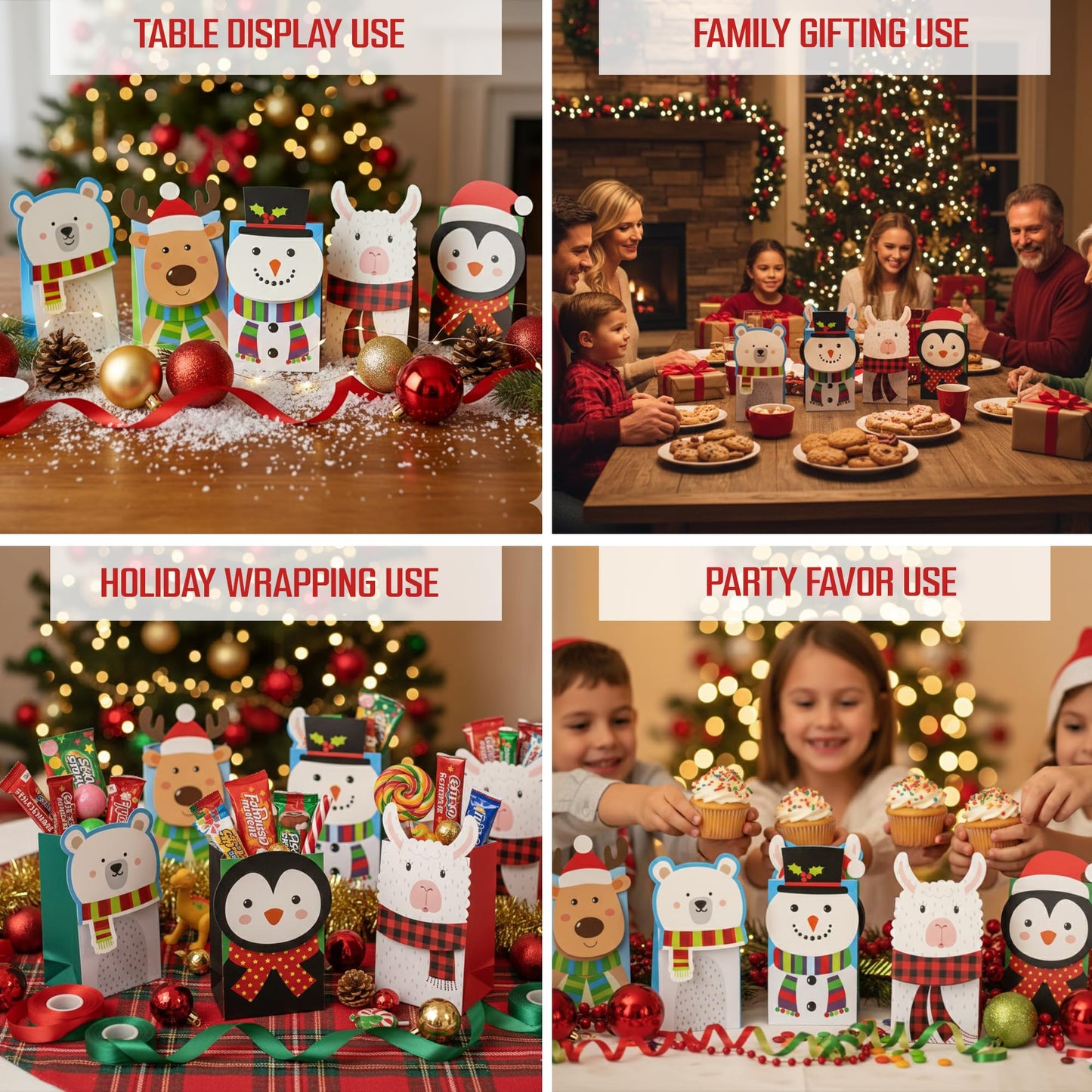 Iconikal Christmas Die-Cut Flip Over Gift Bags, 20-Count - Cute Holiday Treat Bags with Festive Animal Designs